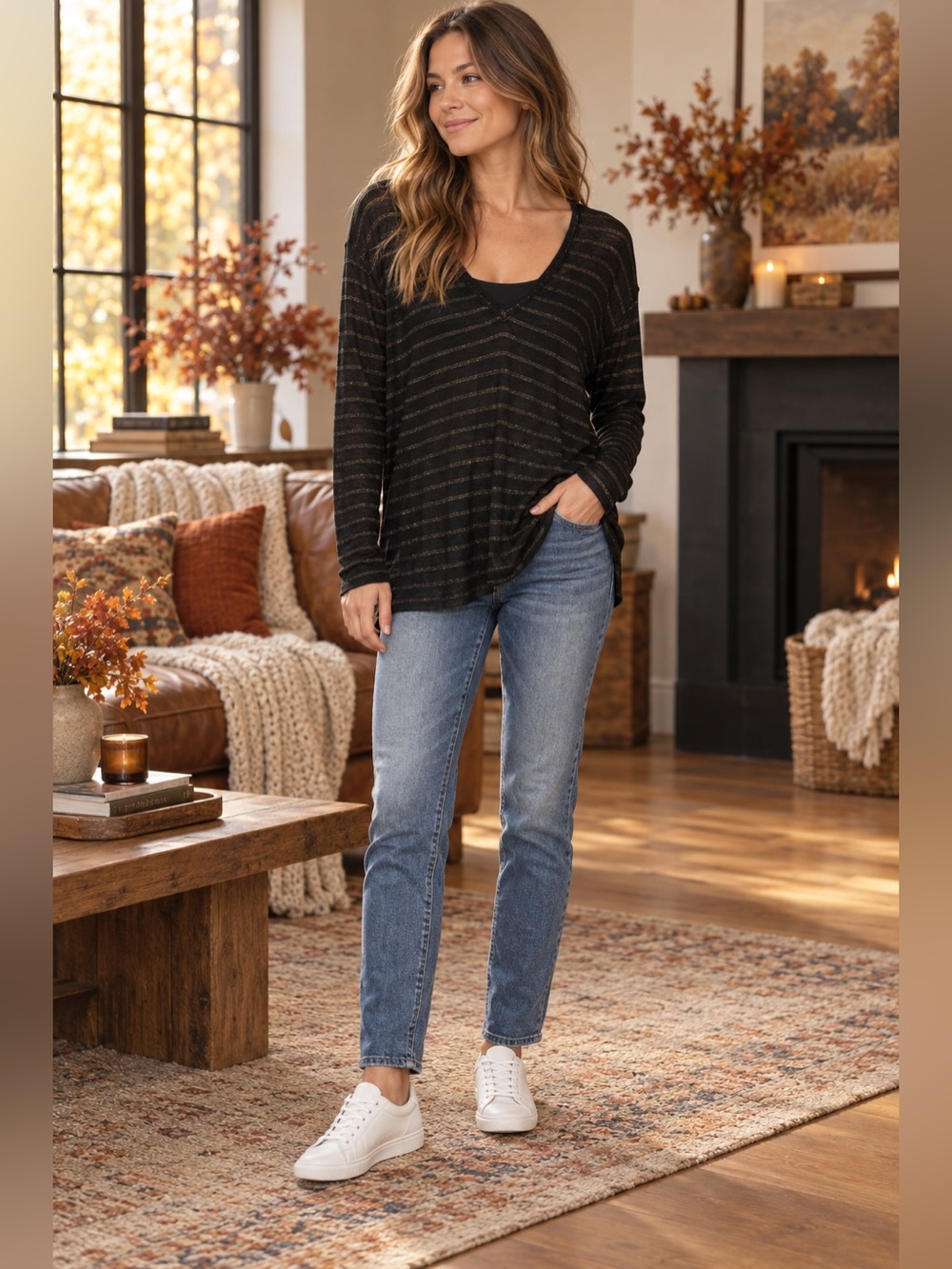 Rails Black Striped Lightweight V-Neck Long Sleeve Tee